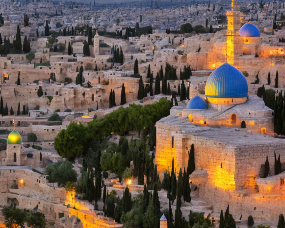 Historic city with ancient walls and domed structures at twilight