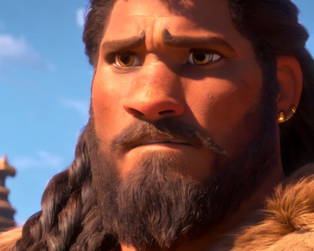 Detailed close-up of serious 3D animated male character with thick eyebrows, long hair, and bra