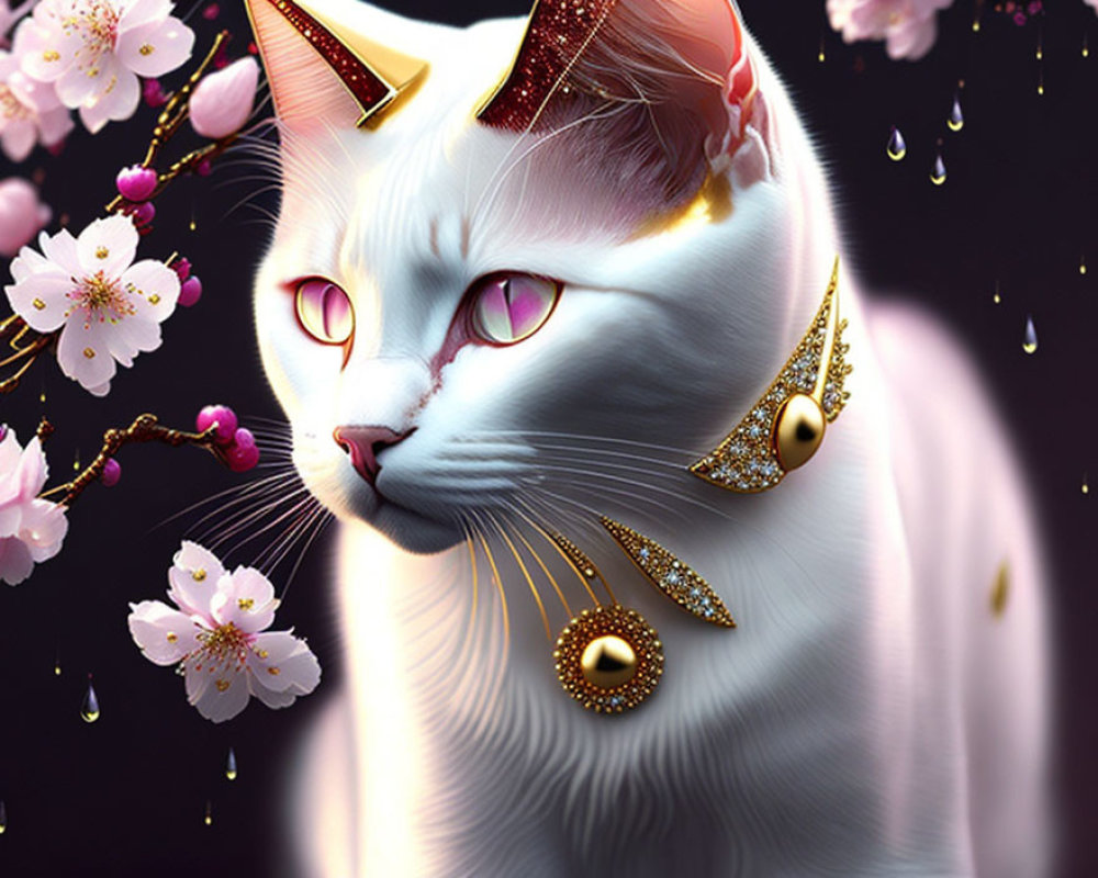 Majestic white cat with golden jewelry on dark background and pink cherry blossoms