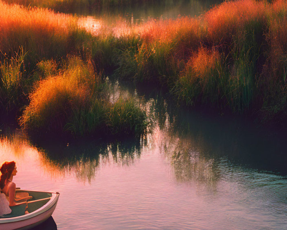 Person in small boat on calm river at sunset amidst lush vegetation