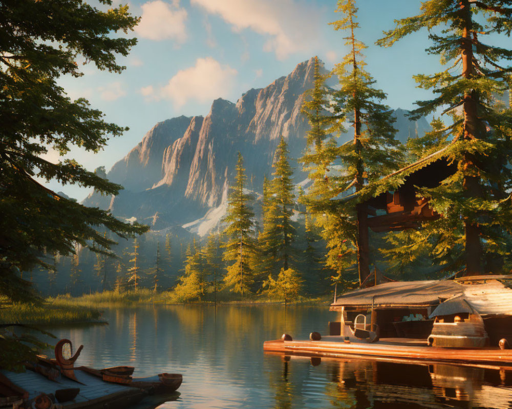 Serene lake scene with boat dock, canoe, evergreens, and mountain view