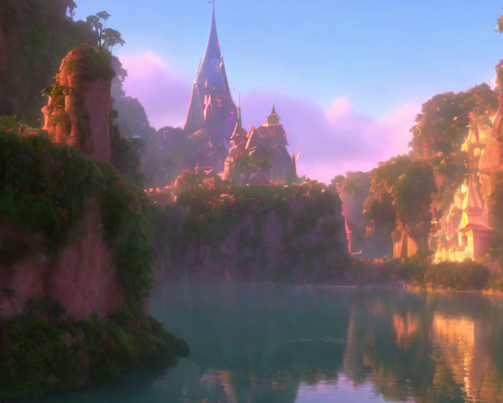 Fantasy landscape with sparkling castle, misty cliffs, and tranquil lake