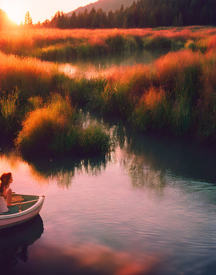 Person in small boat on calm river at sunset amidst lush vegetation