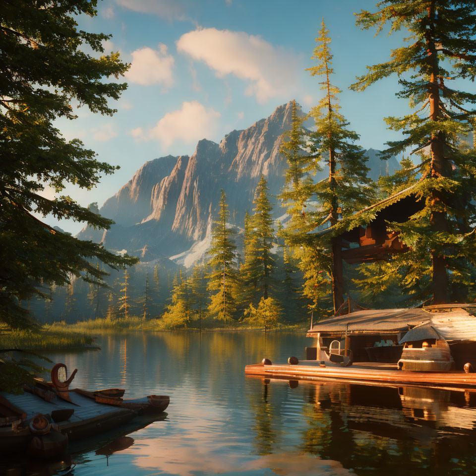 Serene lake scene with boat dock, canoe, evergreens, and mountain view