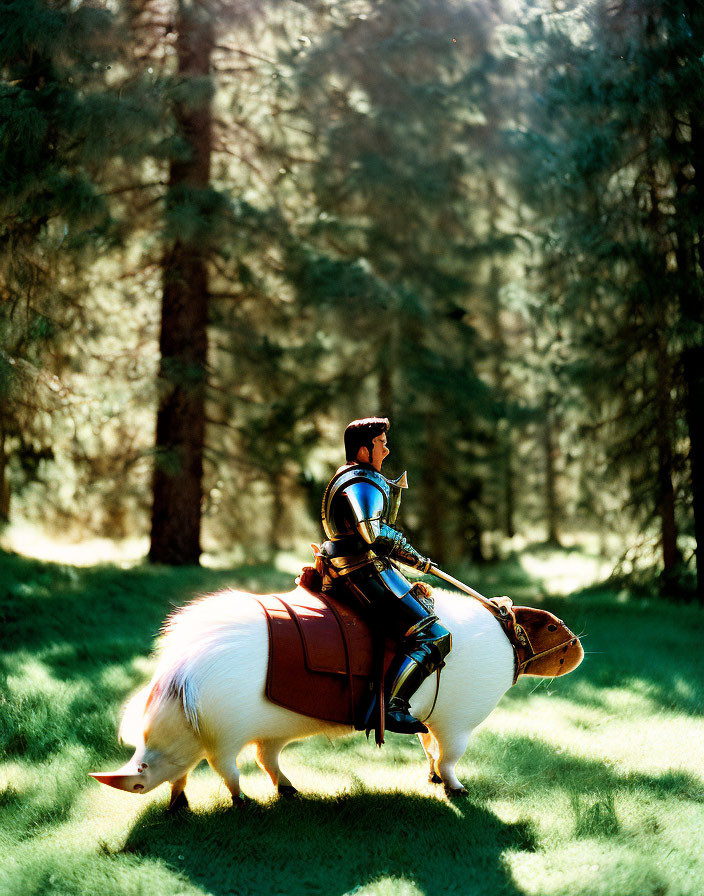 Fantastical digital art: Knight in blue armor riding corgi in sunlit forest.