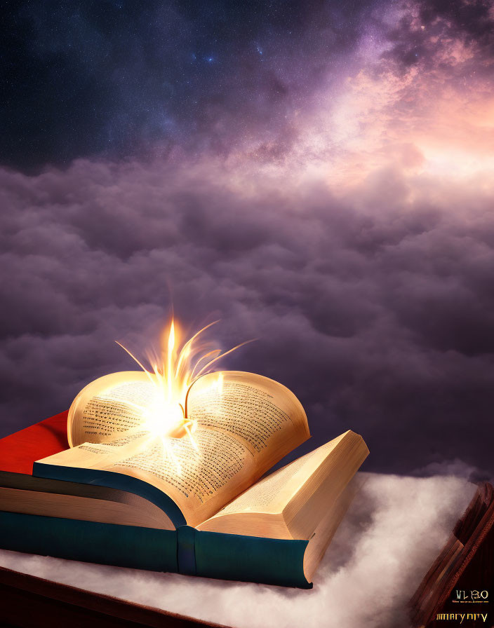 Floating open book with glowing pages above clouds in starry sky with burst of light.