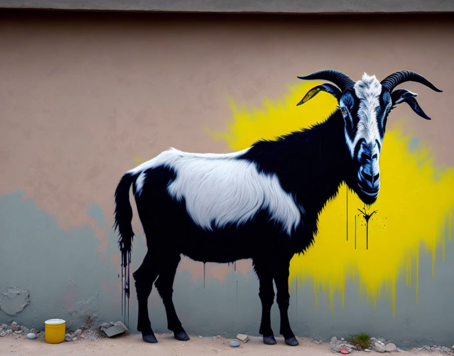 White and black goat graffiti with striking horns on wall with yellow and grey splashes