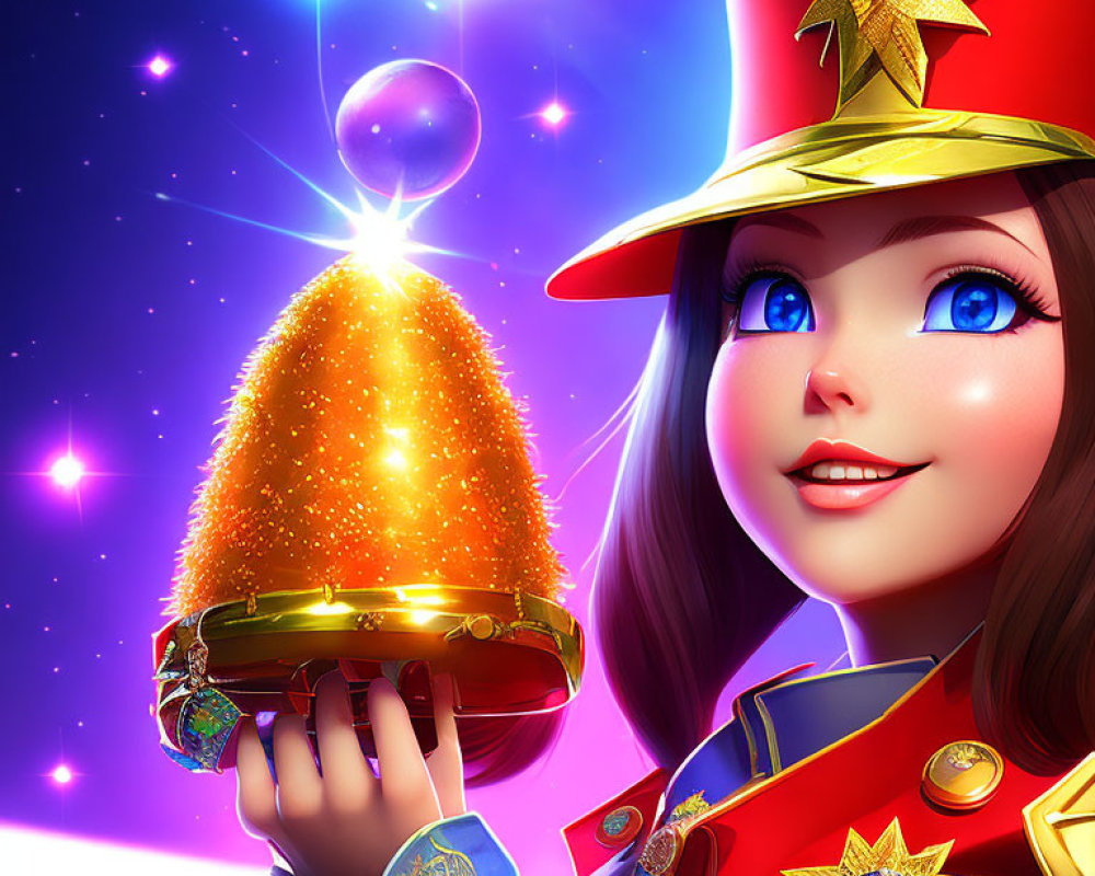 Colorful uniformed animated character holding glowing star-topped cone amid radiant stars