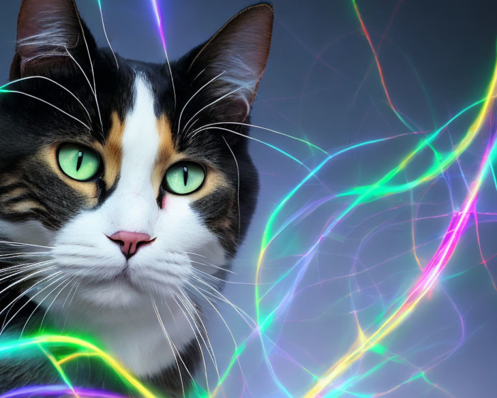 Calico Cat with Green Eyes in Neon Lights on Gray Background