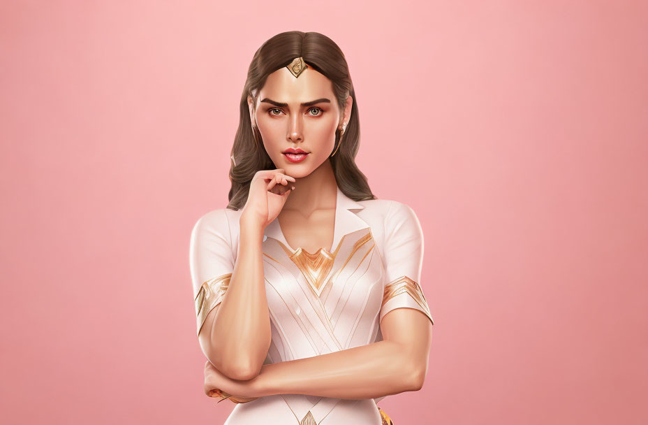 Stylized illustration of heroic woman in white and gold outfit