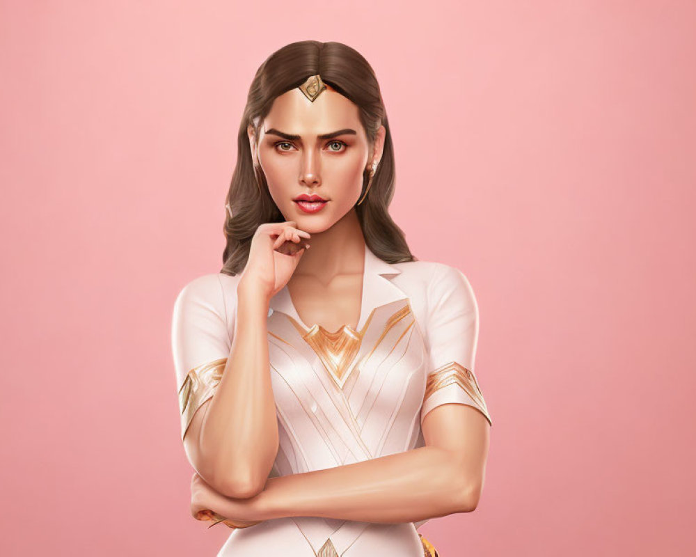 Stylized illustration of heroic woman in white and gold outfit