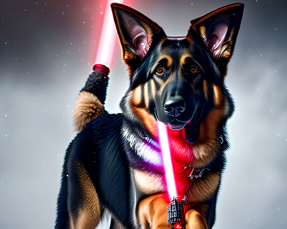 German Shepherd Dog with Lightsaber on Snowy Surface under Starry Sky