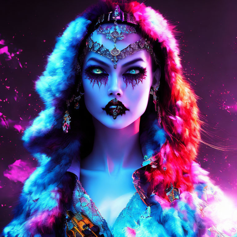 Colorful Woman in Vibrant Makeup and Fur Coat under Neon Lighting