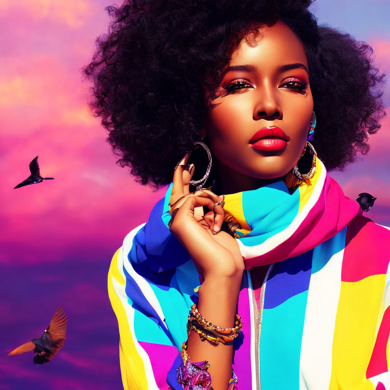 Vibrant woman with curly afro and birds in colorful setting