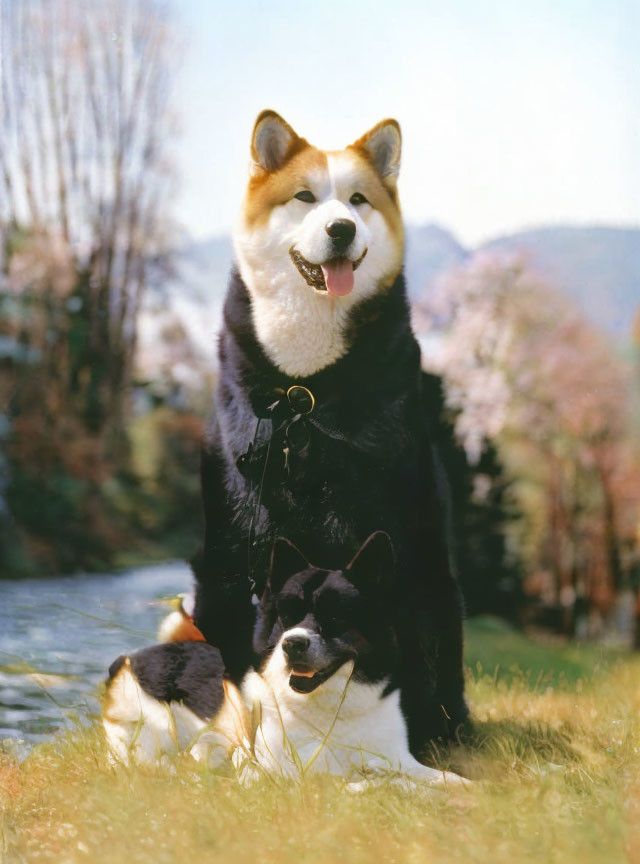 Cheerful dog in black costume with cape, sitting outdoors with plush toy, surrounded by green grass