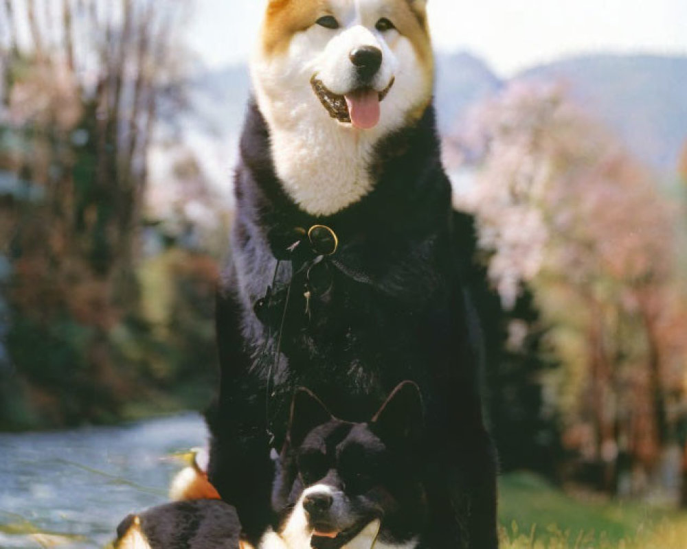 Cheerful dog in black costume with cape, sitting outdoors with plush toy, surrounded by green grass