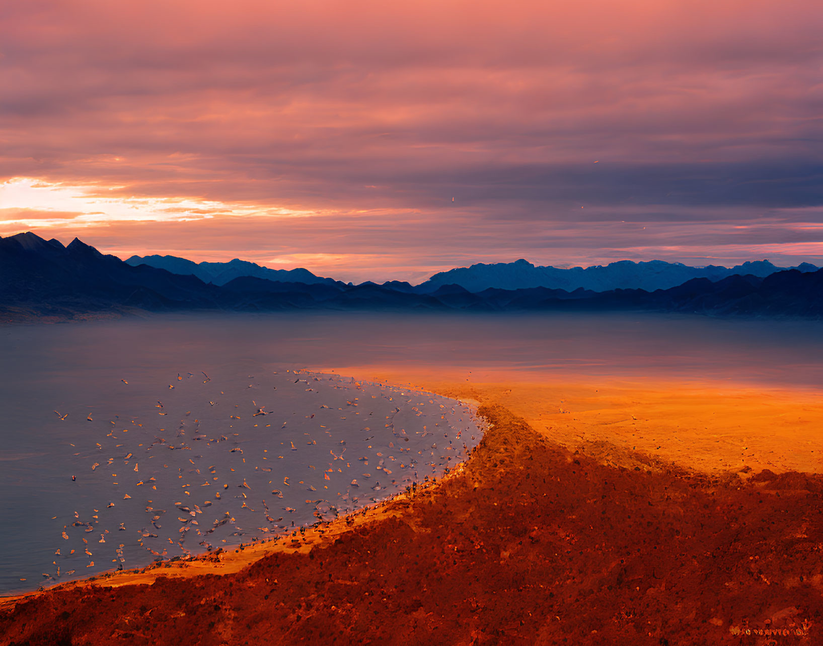 Vibrant sunset over mountain landscape with orange and red sky reflecting on tranquil lake.