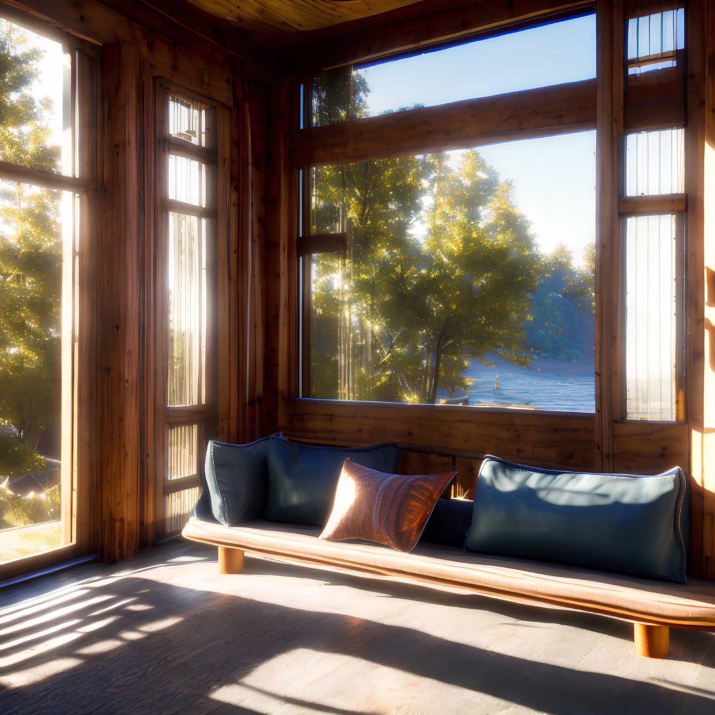 Cozy sunlit corner with plush sofa and large windows viewing greenery