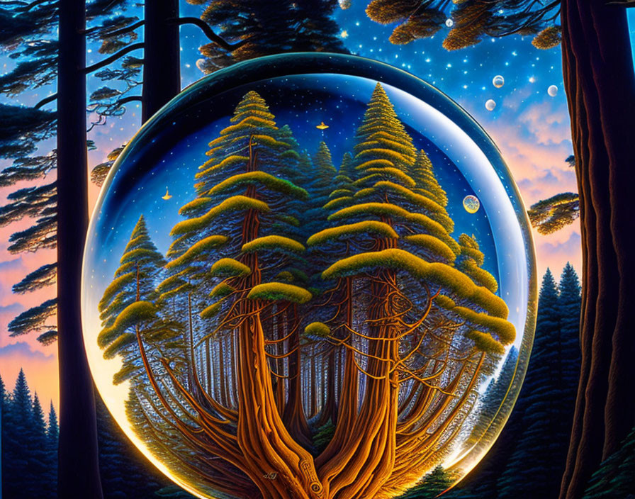 Circular surreal portal frames inverted pine forest under starry sky.