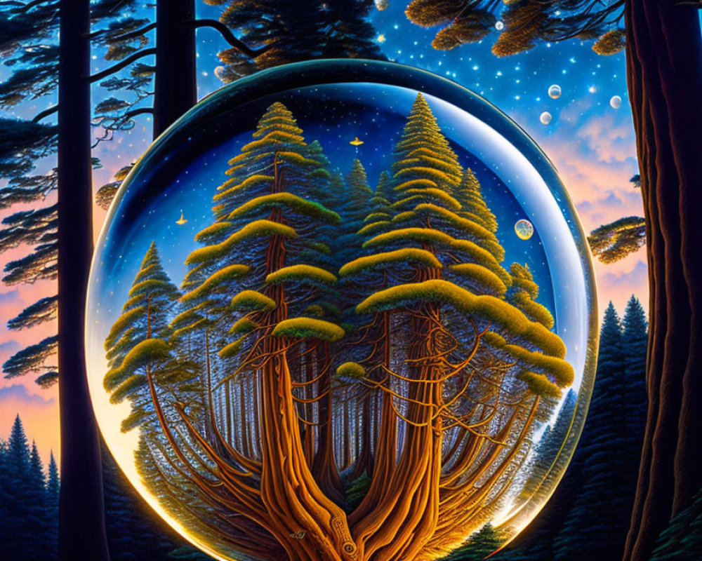 Circular surreal portal frames inverted pine forest under starry sky.