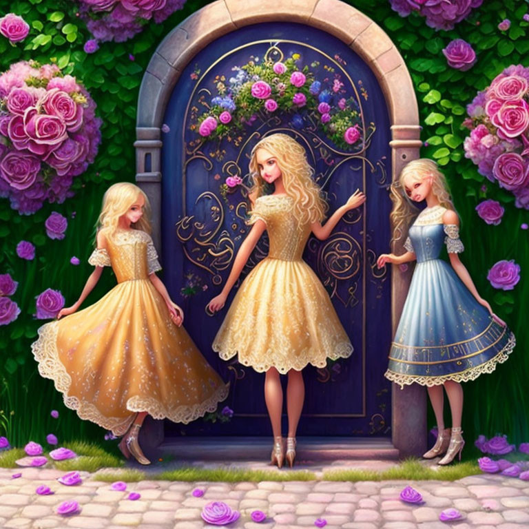 Three animated girls in elegant dresses by ornate door with lush flowers.