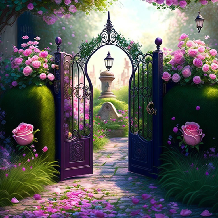 Enchanting garden gateway with pink roses and cobblestone path