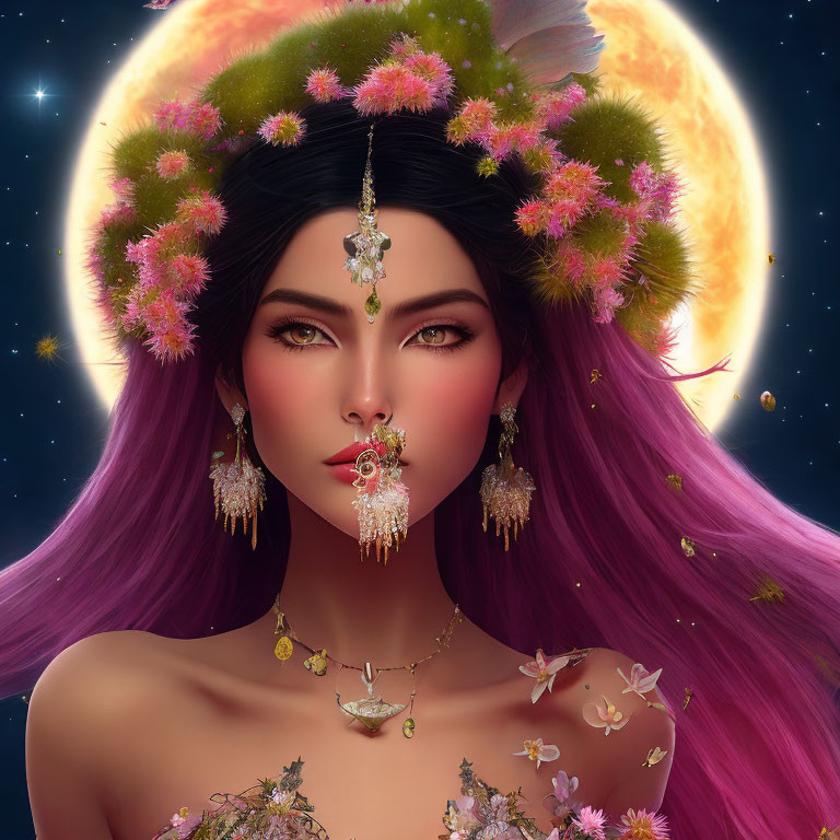 Portrait of woman with purple hair, flower crown, intricate jewelry, and celestial background.