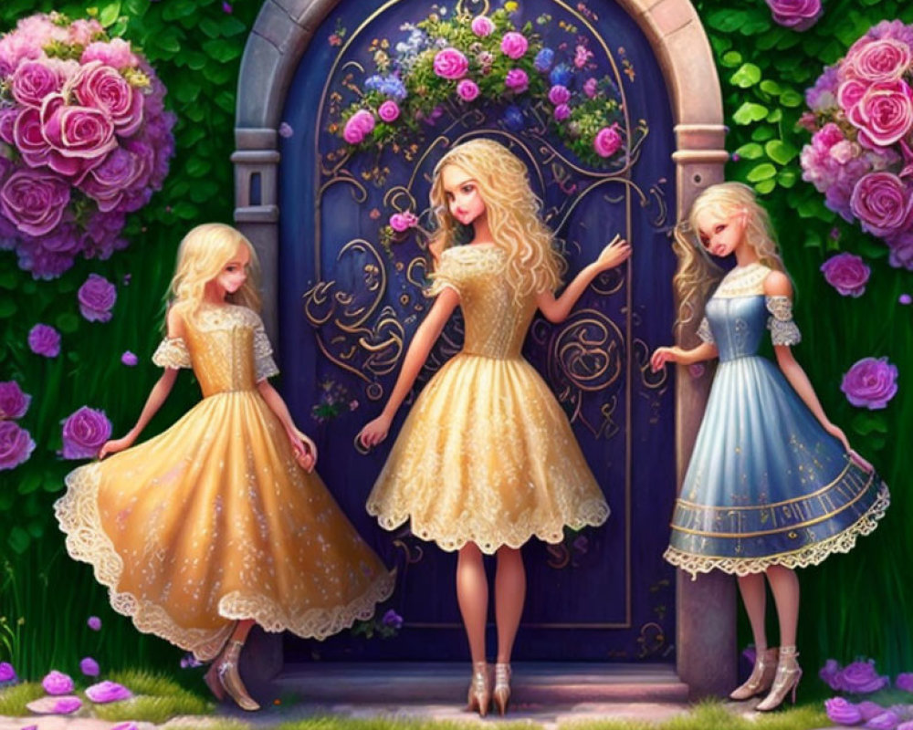 Three animated girls in elegant dresses by ornate door with lush flowers.