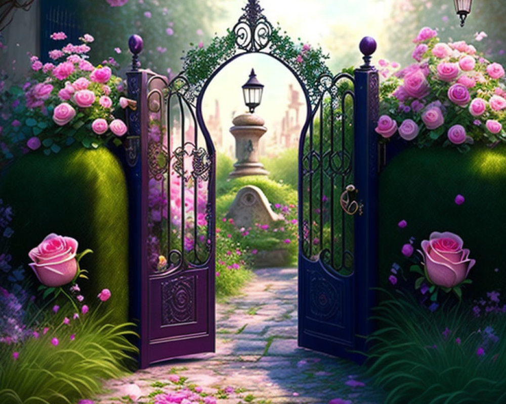 Enchanting garden gateway with pink roses and cobblestone path