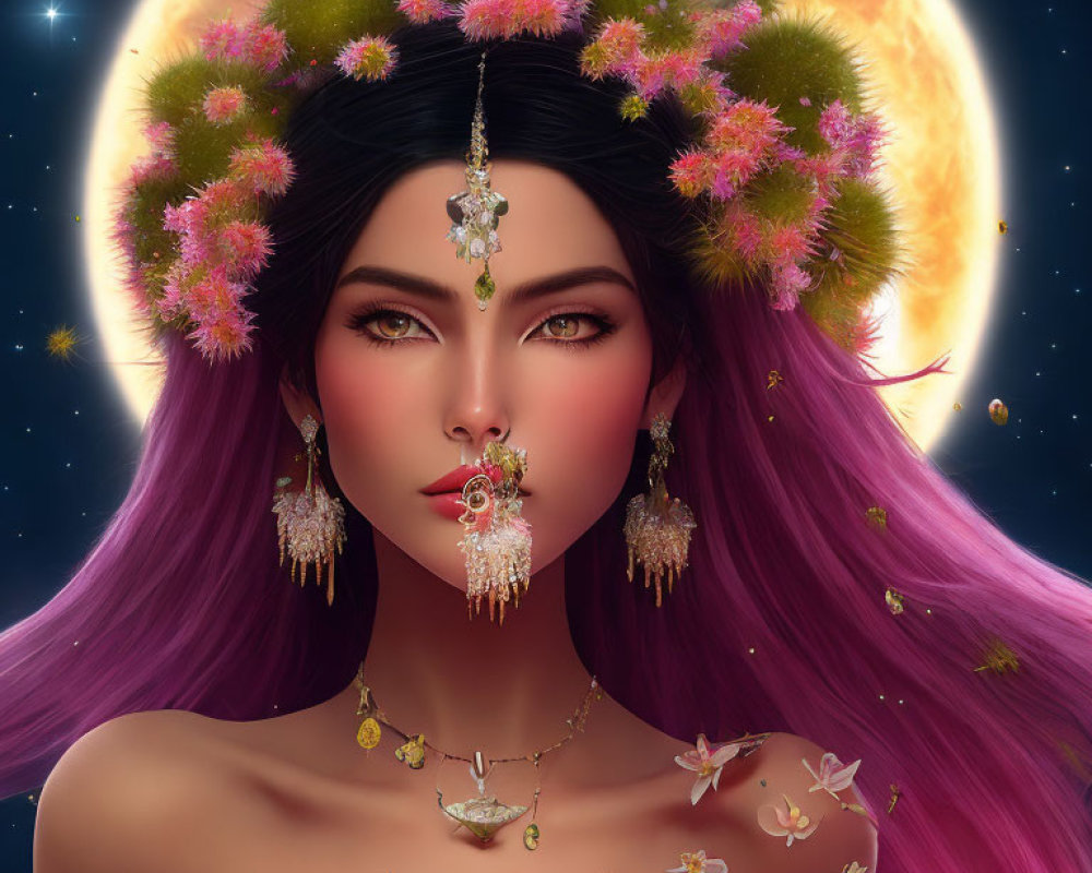 Portrait of woman with purple hair, flower crown, intricate jewelry, and celestial background.