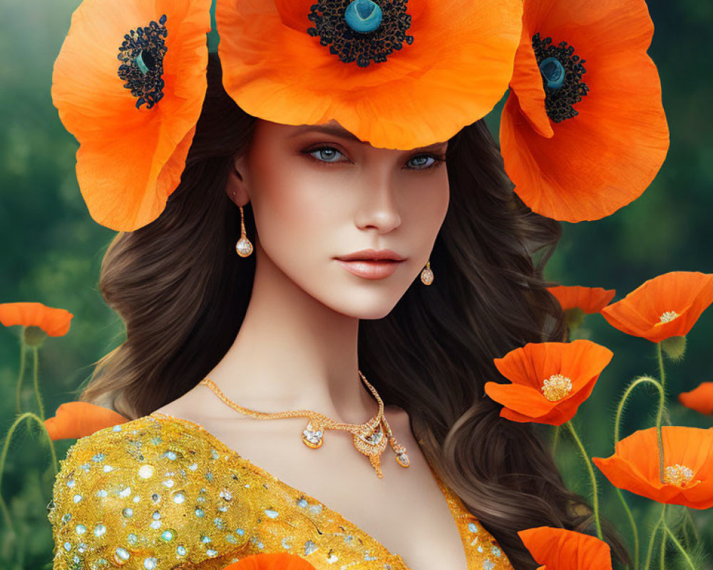 Digital artwork of a woman with poppies in her hair, blue eyes, gold jewelry, and yellow