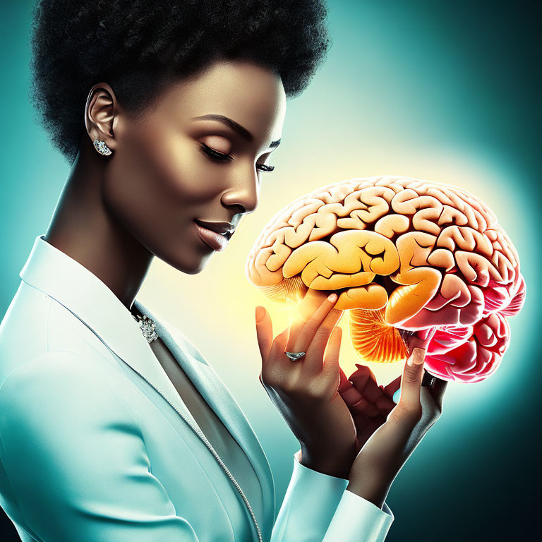 Elegant woman holding oversized brain model in business attire