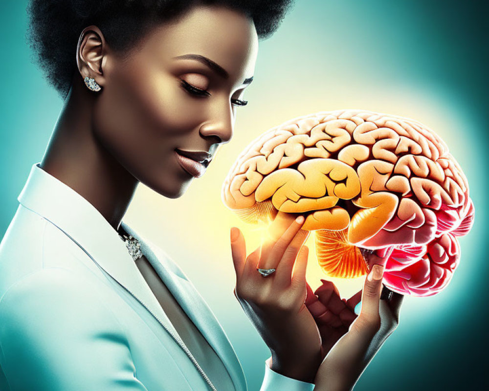 Elegant woman holding oversized brain model in business attire