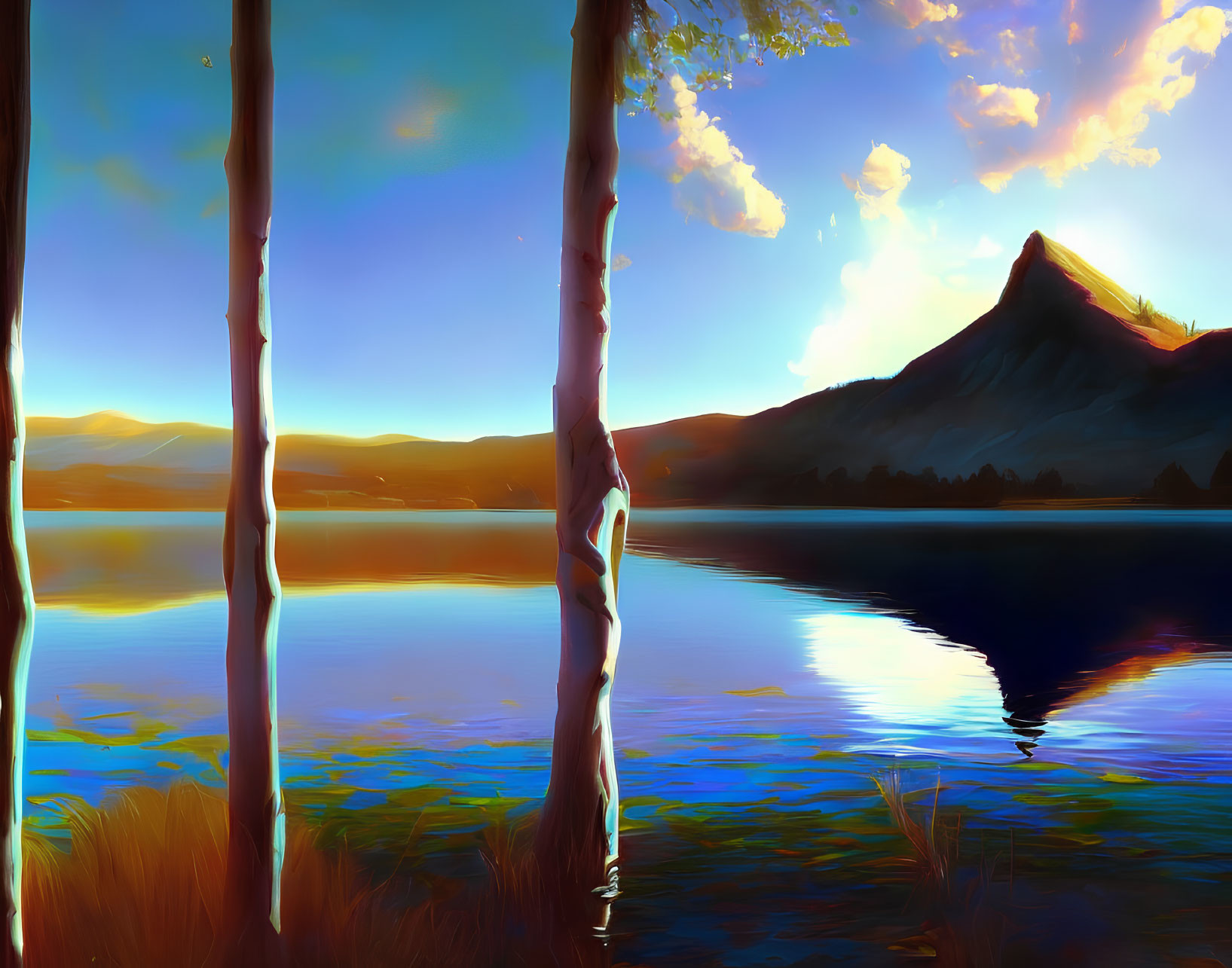 Scenic digital artwork: Trees, lake, mountain at sunset