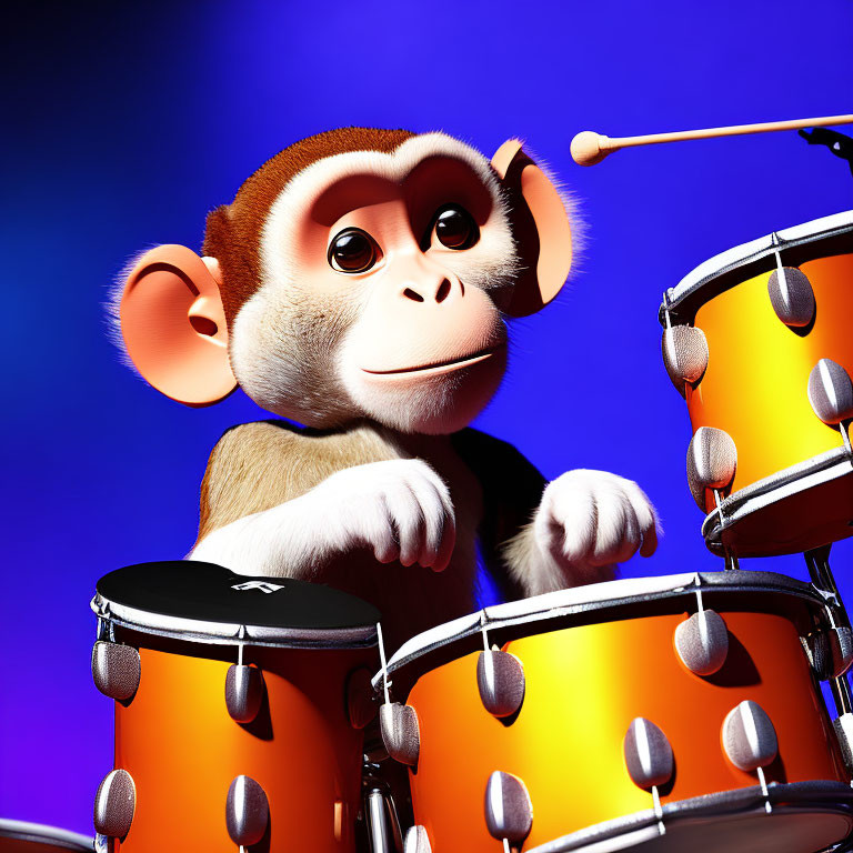 Playful 3D-animated monkey drumming on blue background