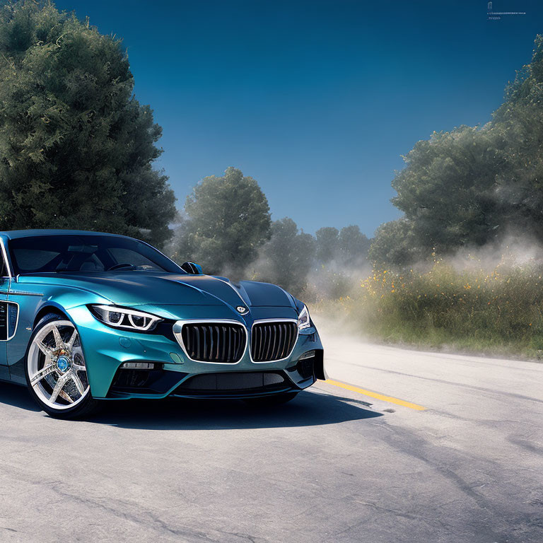 Teal BMW car with modern headlights on asphalt road.