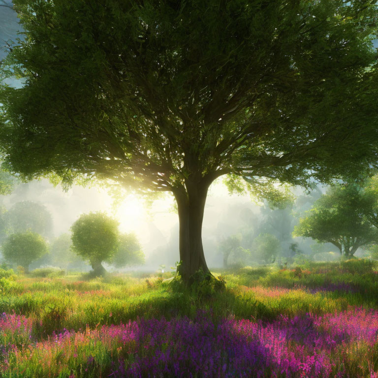 Lush tree with sunlight on vibrant purple wildflowers