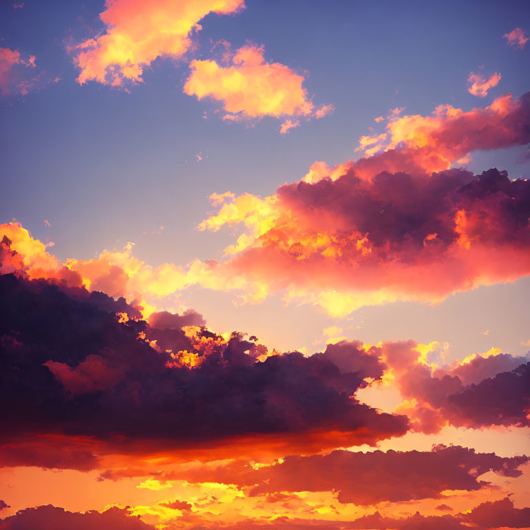 Colorful sunset sky with orange and purple hues and silhouetted clouds