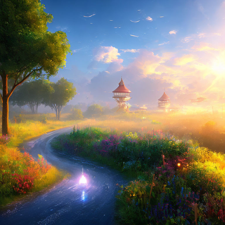 Scenic sunrise landscape with winding road, meadow, birds, and pagodas