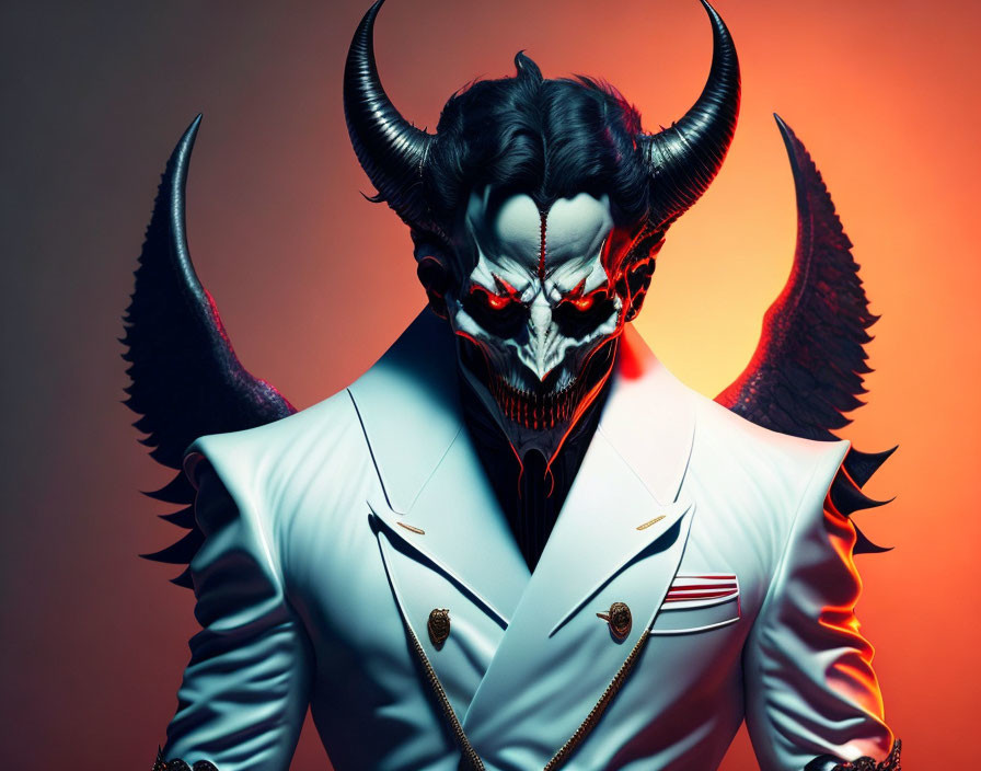 Demonic skull mask figure in white suit with horns and wings on orange background