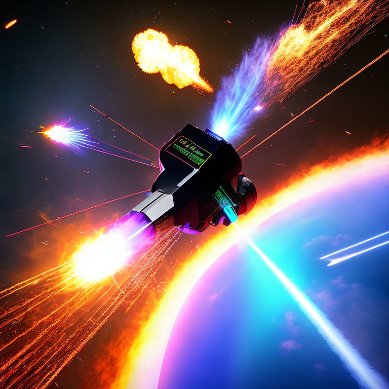 Colorful Space Scene: Stylized Spacecraft, Explosions, and Laser Beams