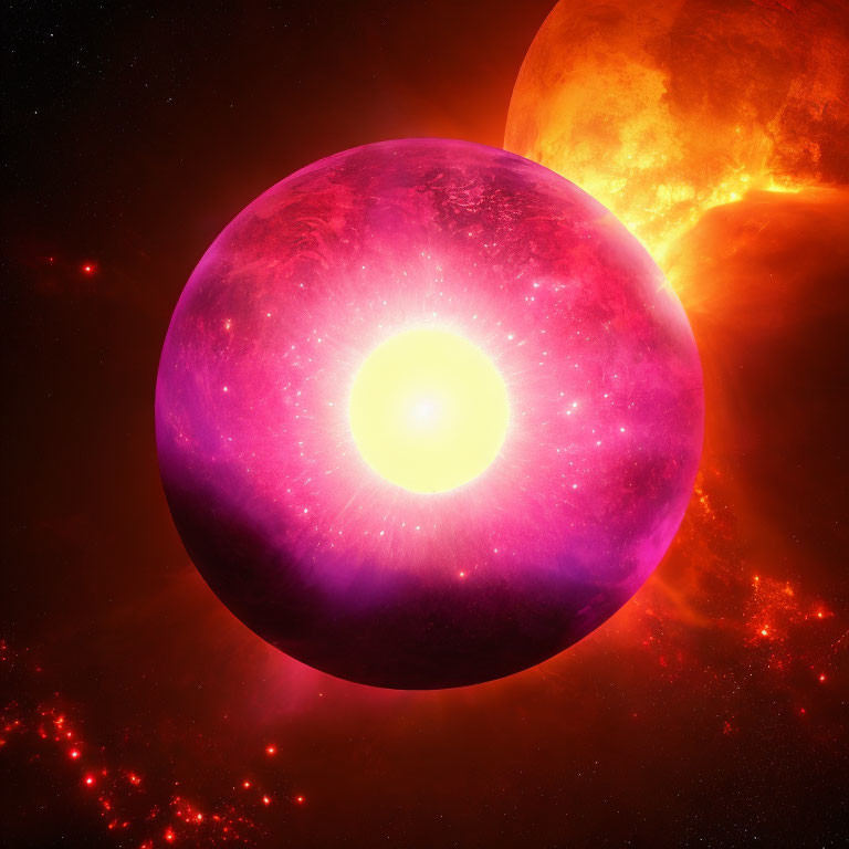 Vibrant digital art: Purple and pink planet with glowing sun