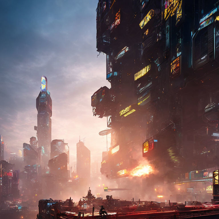 Futuristic cityscape at dusk with towering buildings and neon signs