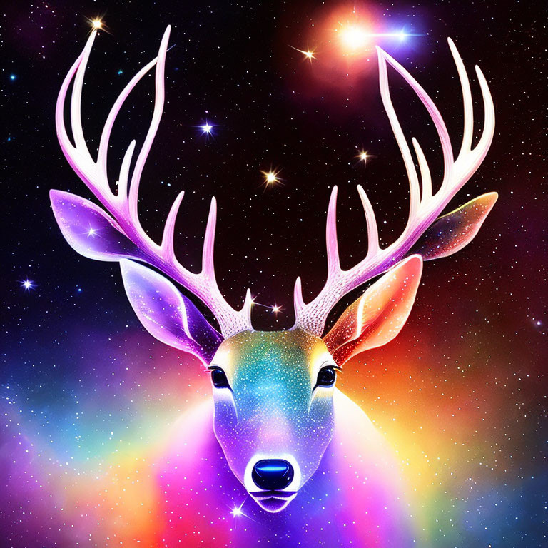 Colorful Cosmic Background with Glowing Antlered Deer