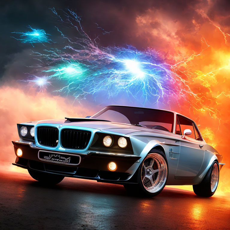 Vintage BMW Car with Dramatic Lighting and Colorful Sky Discharge