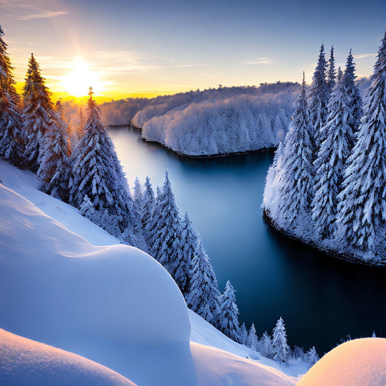 Snow-covered forest at sunrise with serene river and warm sunlight