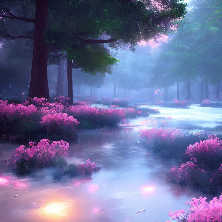 Serene river in misty forest with pink flowers at dawn