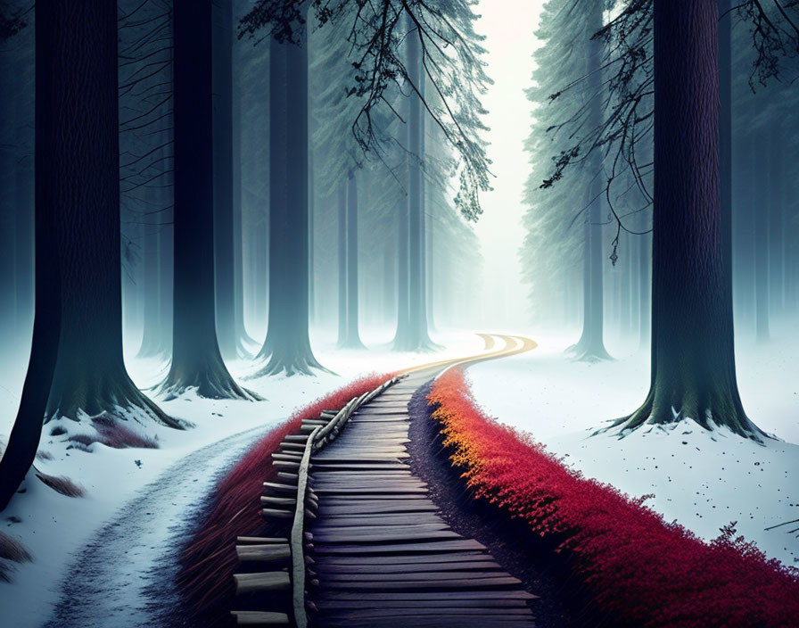 Scenic Wooden Boardwalk Through Snowy Forest with Red Foliage