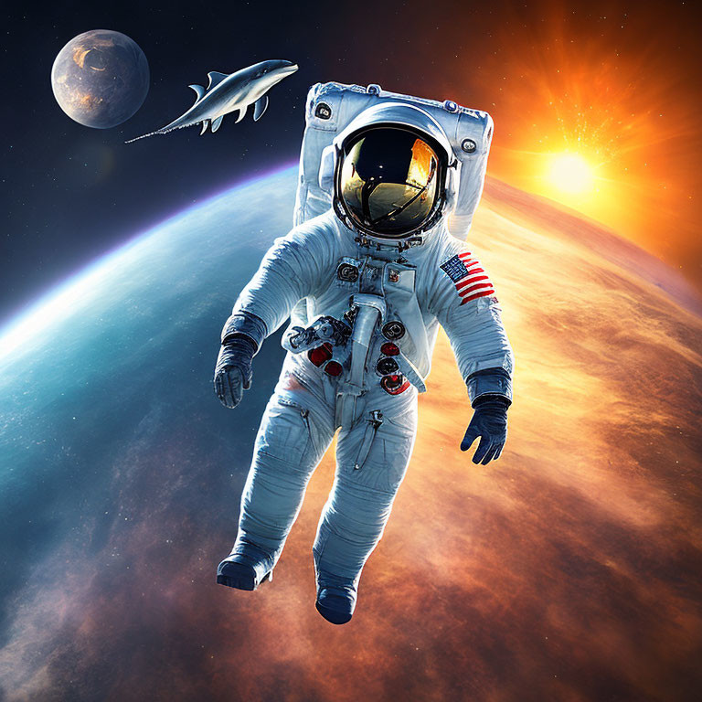 Astronaut floating in space with Earth's horizon, sun, and distant moon.