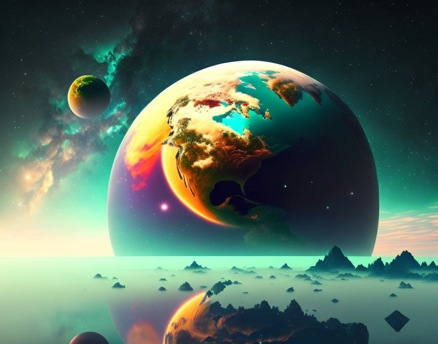 Colorful digital artwork: surreal cosmic landscape with oversized planet and moon in starry sky above rocky terrain